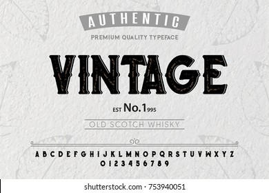 Font. Alphabet. Script. Typeface. Label.Vintage typeface. For labels and different type designs