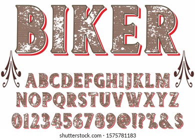 Font alphabet Script Typeface.Shadow Effect.vintage Hand Drawn.Retro Typography.Vector Illustration named biker