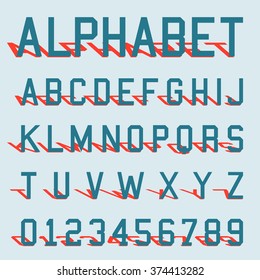 Font alphabet with shadow. Letters and numbers template. Vector illustration.