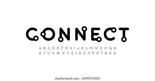 Font alphabet trendy modern with outlines dots, letters A, B, C, D, E, F, G, H, I, J, K, L, M, N, O, P, Q, R, S, T, U, V, W, X, Y, Z and numerals 0, 1, 2, 3, 4, 5, 6, 7, 8, 9, vector illustration 10EP