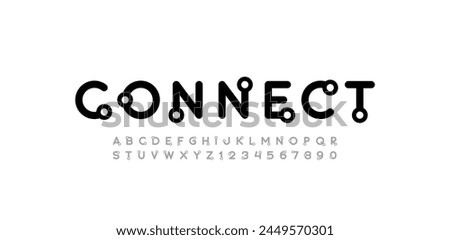 Font alphabet trendy modern with outlines dots, letters A, B, C, D, E, F, G, H, I, J, K, L, M, N, O, P, Q, R, S, T, U, V, W, X, Y, Z and numerals 0, 1, 2, 3, 4, 5, 6, 7, 8, 9, vector illustration 10EP