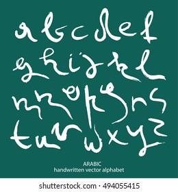 The font alphabet vector set. Handwritten lowercase white letters in Arabic style on a turquoise background.