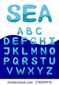 Font alphabet vector Font water texture Sea waves summer alphabet vector Nautical wavy lines uppercase font set ABC letters in cyan and blue colors for marine logo Funny cartoon alphabet Typescript