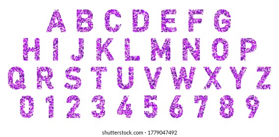 Font alphabet of violet colored confetti. Festive carnival letters, birthday holiday ABC and figures. Logo symbols. Celebrate anniversary numbers. Vector isolated confetti calligraphic alphabet font.