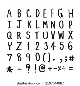 Font Alphabet A to Z and Number 0 to 9 and sign , doodle hand lettering drawing 