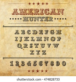 Font is american hunter, alphabet.