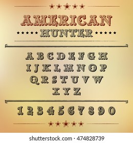 Font is american hunter, alphabet.