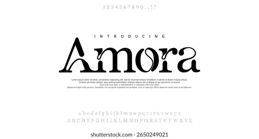 Font Amora. Elegant Font Uppercase Lowercase And Number. Classic Lettering Minimal Fashion Designs. Typography modern serif fonts regular decorative vintage concept. vector illustration

