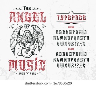 Font The Angel of Music. Craft retro vintage typeface design. Graphic display alphabet. Fantasy type letters. Latin characters, numbers. Vector illustration. Old badge, label, logo template
