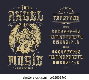 Font The Angel of Music. Craft retro vintage typeface design. Graphic display alphabet. Fantasy type letters. Latin characters, numbers. Vector illustration. Old badge, label, logo template
