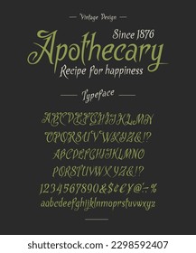 Font Apothecary. Craft retro vintage typeface design. Graphic display alphabet. Fantasy type letters. Latin characters, numbers. Vector illustration. Old badge, label, logo template.
