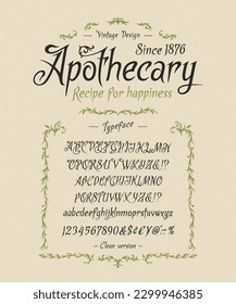 Font Apothecary. Craft retro vintage typeface design. Graphic display alphabet. Fantasy type letters. Latin characters, numbers. Vector illustration. Old badge, label, logo template.