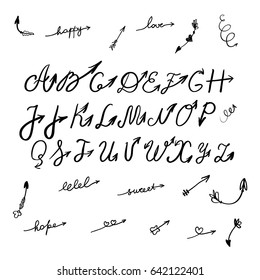 Font with arrows in hand drawn style for web, infographics and creative design. Vector illustration. Isolated on white background