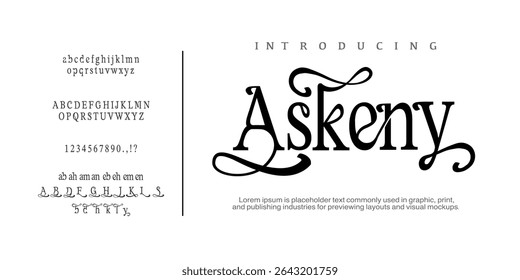 Font Askeny. Elegant alphabet letters font logo. Typography luxury classic lettering serif fonts decorative wedding vintage retro logos, design for fashion,beauty shop and brand . vector illustration