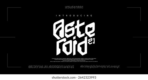 Fonte Asteroide. Fonte futurista geométrica, letras angulares em negrito, design inspirado robótico tecnológico para logotipos de jogos, marca de ficção científica, tipografia inovadora. Tipo vetorial Astronauta planeta espacial ciborgue.