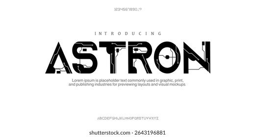 Fonte Astron. Abstrato cifi fontes modernas alfabeto. Tipografia de ficção científica esporte, tecnologia, moda, digital, futura fonte de logotipo criativo. ilustração vetorial. Galáxia do planeta espacial Typo 