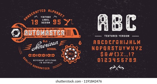 Font AUTOMASTER. Hand crafted retro vintage typeface design. Handmade textured lettering. Handmade  type on black background.  Authentic graphic alphabet. Vector illustration old label logo template.