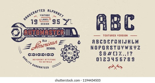 Font AUTOMASTER. Hand crafted retro vintage typeface design. Handmade textured lettering. Handmade  type on black background.  Authentic graphic alphabet. Vector illustration old label logo template.