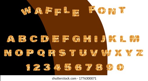 Font BAKED WAFFLES. Cute waffle letters for decorating a cafe or sweets shop menu. Cards for children parties, Valentine Day. Vector