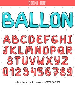 Font Ballon. Cartoon  Set Volume Of Letters And Numbers In The Doodle. Pink Stylish 