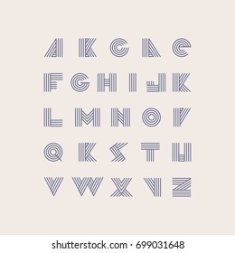 Font based on purple stripes in geometric style. Vector collection of letters sequence from A to Z