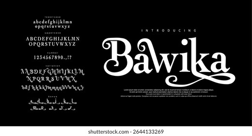 Font Bawika. Abstract Fashion font alphabet. Minimal modern urban fonts for logo, brand etc. Typography typeface uppercase lowercase and number. vector illustration vintage beautiful typography
