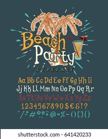 Font Beach Party. Handmade type. NAVY background. Isolated doodle vector letters and numbers. Serif alphabet. Pop modern display typeface. Drawn graphic design of Latin characters, digit, punctuation.