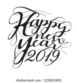 Font Black. Happy 2019 New Year. Holiday Vector Illustration With Lettering Composition And Burst. Vintage festive label. on white background