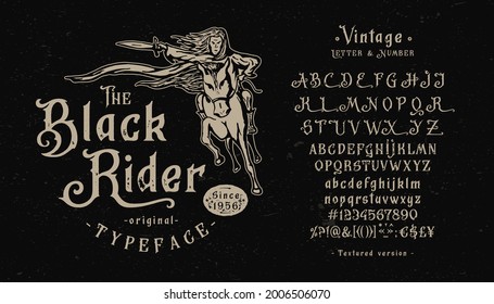 Font Black Rider. Craft retro vintage typeface design. Graphic display alphabet. Fantasy type letters. Latin characters, numbers. Vector illustration. Old badge, label, logo, print template.