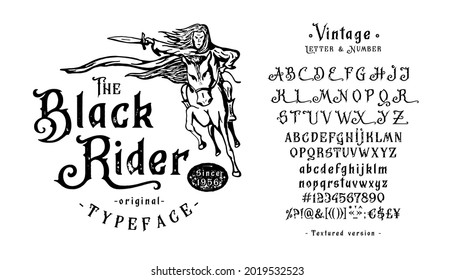 Font Black Rider. Craft retro vintage typeface design. Graphic display alphabet. Fantasy type letters. Latin characters, numbers. Vector illustration. Old badge, label, logo, print template.
