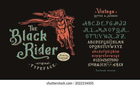 Font Black Rider. Craft retro vintage typeface design. Graphic display alphabet. Fantasy type letters. Latin characters, numbers. Vector illustration. Old badge, label, logo, print template.
