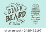 Font Blackbeard. Craft vintage typeface design. Graphic display alphabet. Fantasy type letters. Latin characters, numbers. Vector illustration. Old badge, label, logo template.
