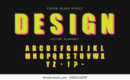 Font with blurred edges, fluted glass style. Pixel font. Set of bright yellow blurred letters on black background. Vector alphabet