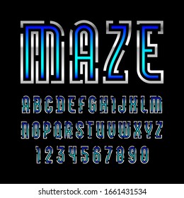Fuente del nombre en negrita es Maze, alfabeto metálico moderno sans serif, letras y números plateados modernos, ilustrador vectorial 10 pasos