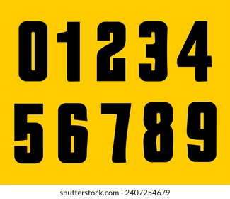 font of bold numbers from 0 to 9, yellow background with black numbers1,2,3,4,5,6,7,8,9,0, created for commercial use.