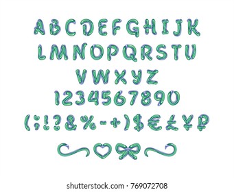 Font bold, painted green and blue with Caramel on white background, illustration, vector