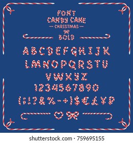Font bold, Sweet cane, caramel, red and white letters on a blue background, illustration, vector