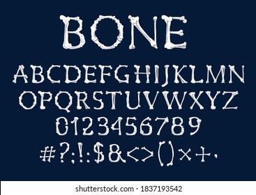 Font of bones, vector Halloween and Dia de los Muertos holidays design. Alphabet type of human skeleton bones, capital letters, numbers or digits and punctuation marks of tibia, fibula, ribs, humerus