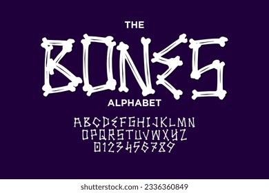 Font of bones, vector Halloween and Dia de los Muertos holidays design. Alphabet type of human skeleton bones, capital letters, numbers or digits and punctuation marks of tibia, fibula, ribs, humerus