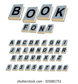 Font book. Alphabet on covers of books. ABCs of log on vintage hardcover volume. Old psalterium with letters. Set of alphabetic characters and digits creative for text.