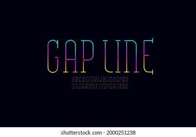 Font from bright thin colored line, stencil alphabet, modern condensed letters and numbers, vector illustration 10EPS