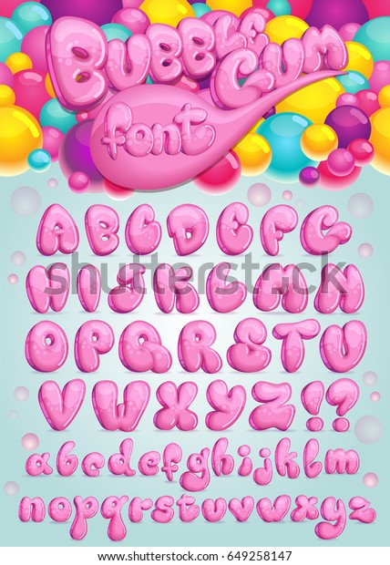 Font Bubble gum. Vector set\
of pink cartoon letters. Illustration of sweet bubble symbols\
alphabet