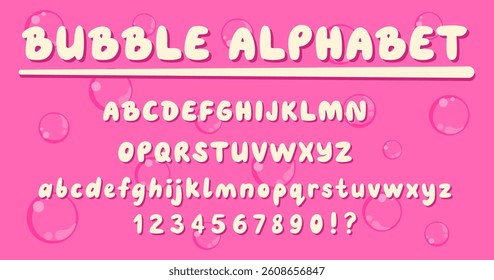 Font bubble. Y2K alphabet. 3D balloon uppercase letter. Cloud cute typography with retro cartoon type. Text groovy symbols. Cool comic graffiti. Scribble typeset. Vector blob gum garish ABC icons set