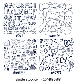 Font and bubbles, business and hearts, colorless hand drawn elements of bulb, graphics and words, alphabet and frames isolated on vector illustration