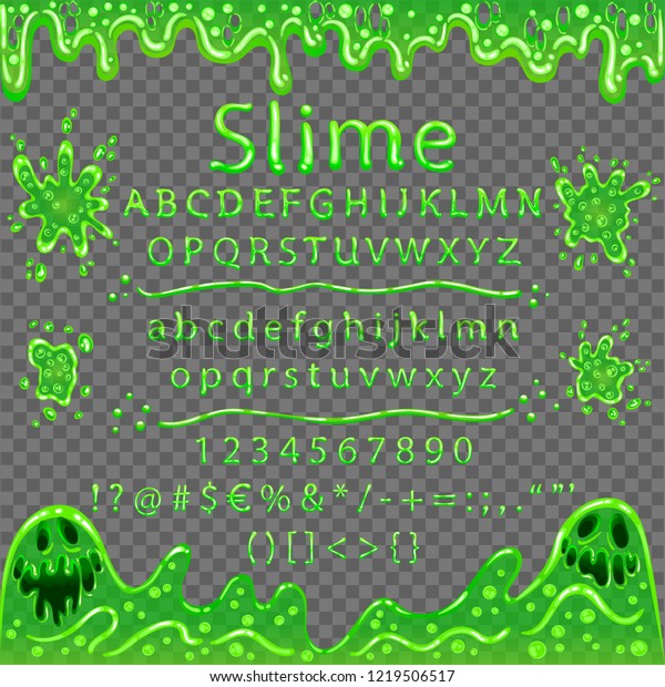 Font from bubbling mucus. Sticky smiling monsters\
from slime. Frame transparent, the font isn\'t. Background\
transparent in EPS. Frame transparent in a vector program. Vector\
Illustration. EPS 10.