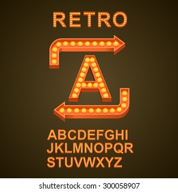 Font bulbs retro sign abc, Lamp light font text, Lamp font, Alphabet font, Lamp arrow, Vector illustration