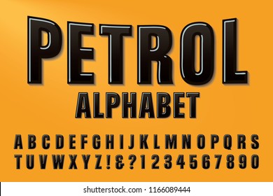 A font called Petrol in raised black letters on a yellow background. This alphabet is in the style of collectible gas station memorabilia. The letters have a soft cast shadow.