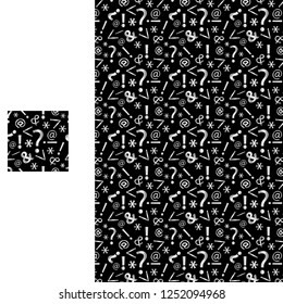 Font character seamles pattern. Question, exclamation mark, star, at, and symbols in random order on black background. Creative vector illustration.