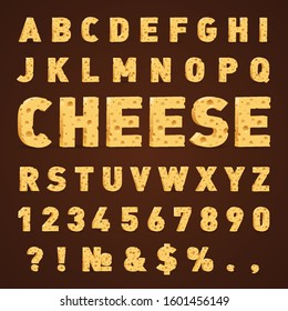 Font from Cheese. Cheese in the Form of Letters, Numbers, and Symbols. Illustration of Stylized Cute Alphabet Cartoon Cheese Letters to Make Your Text on Dark Background