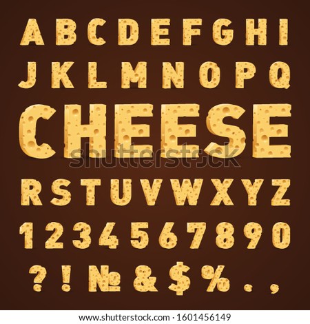 Font from Cheese. Cheese in the Form of Letters, Numbers, and Symbols. Illustration of Stylized Cute Alphabet Cartoon Cheese Letters to Make Your Text on Dark Background